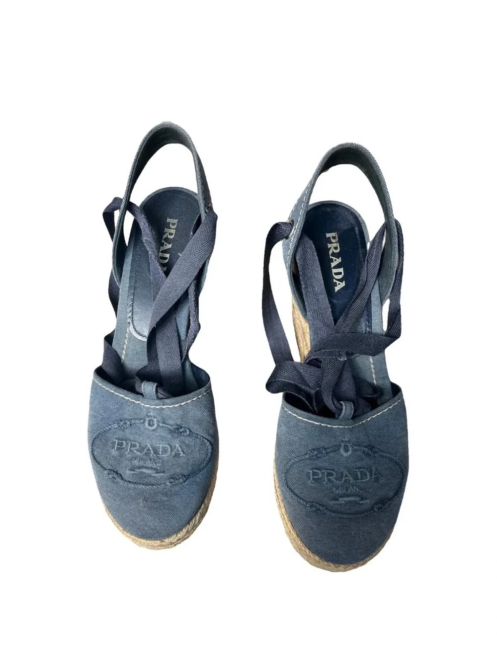 Prada Navy Canvas Espadrille Wedges with Ankle Wrap - Picture 1 of 6